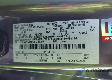 2022 Ford F-150 Xlt из США, поврежденный, VIN 1FTFW1ED5NFC17218